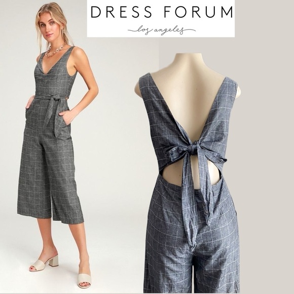 Dress Forum Windowpane Plaid Crop Jumpsuit Wide Leg Gray Bow Tie Preppy Geek M - Picture 1 of 10